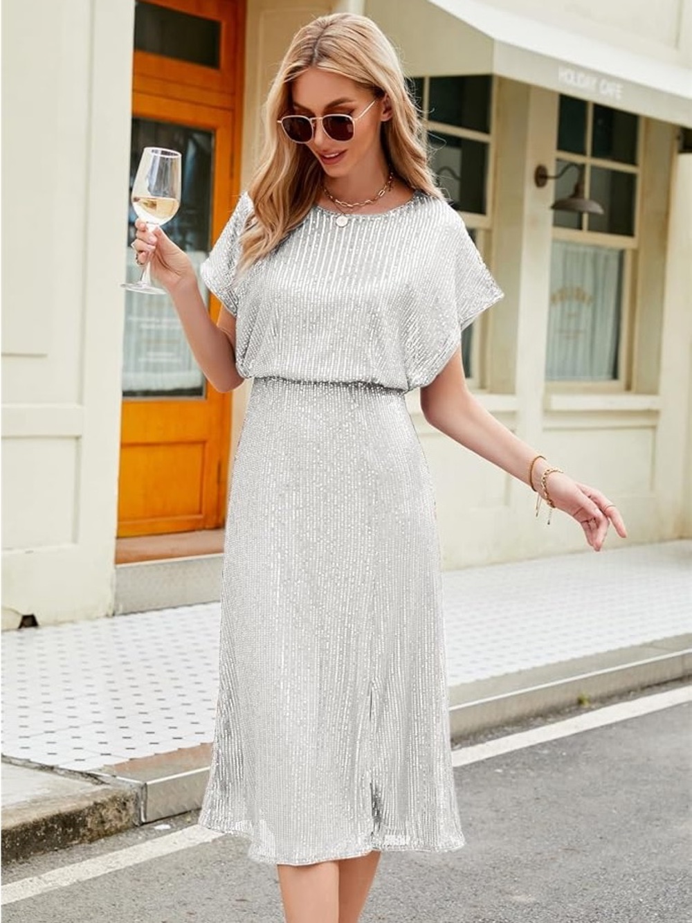 Jasambac Silver Sequin Midi Dress, Size XL - NWT